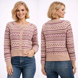 Cynthia Rowley NWT Fair Isle Pink & Tan Knit Cardigan Sweater Women’s Size Small
